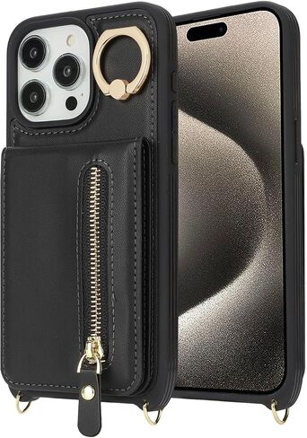 for iPhone 15 Pro Max Wallet Case with Card Holder, for iPhone 15 Pro Max Case Wallet with Strap Credit Card Slot, Crossbody Bag with Zipper Case for iPhone15 Pro Max - Black in Kuwait