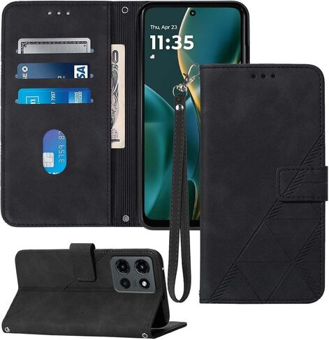 for Moto G 2025 Case Wallet, Card Holder Slots, Wrist Strap, TPU Interior Phone Protective, Stand PU Leather Folio Flip Cases Cover for Moto G - 2025 (Black) in Saudi Arabia