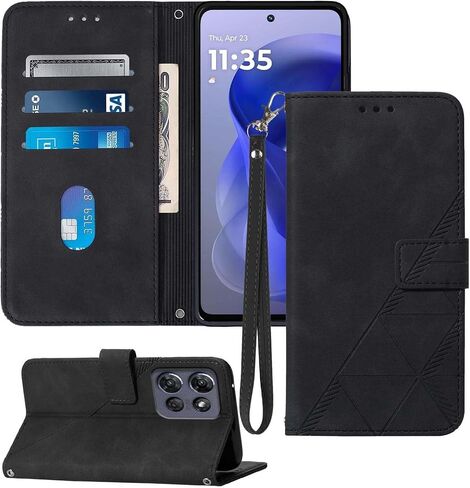 for Moto G 2025 Case Wallet, Card Holder Slots, Wrist Strap, TPU Interior Phone Protective, Stand PU Leather Folio Flip Cases Cover for Moto G - 2025 (Black) in Saudi Arabia
