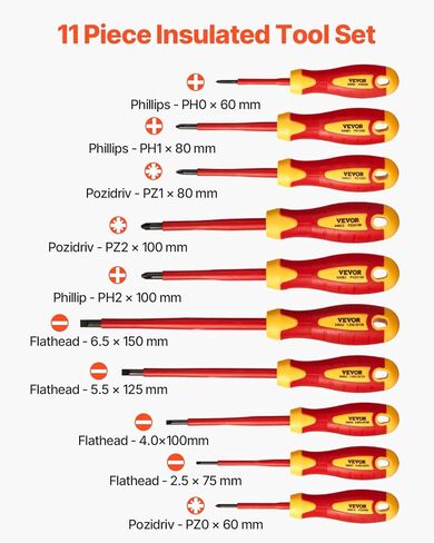 VEVOR Insulated Screwdriver Set, 11-Piece Professional Electrical Screwdriver Set, 1000V Insulated Electrician Tool Set, with Magnetic Phillips Slotted Pozi Tips, Voltage Tester, for Electricians in Kuwait