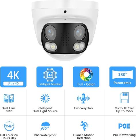 4K 8MP CARMAME CAMera Poe IP مع زاوية عرض عريضة 180 درجة ، ومكتشفان ، الكشف البشري ، فتحة بطاقة SD (256 جيجابايت) ، رؤية كاملة/IR2.0 ليلية ، متوافقة مع NVRs الطرف الثالث in Kuwait
