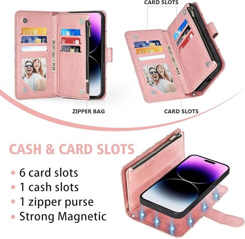 Asuwish Phone Case for iPhone 14 Pro Max 6.7 Inch Slet Wallet Cover with with Glass Glass Screen Screens Strap حامل بطاقة زهرة iPhone14Promax 5G I Phone14max بالإضافة إلى iPhone14 Promax Women Gray in Kuwait