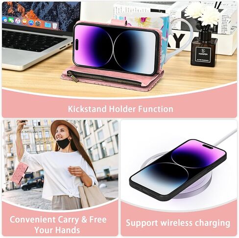 Asuwish Phone Case for iPhone 14 Pro Max 6.7 Inch Slet Wallet Cover with with Glass Glass Screen Screens Strap حامل بطاقة زهرة iPhone14Promax 5G I Phone14max بالإضافة إلى iPhone14 Promax Women Gray in Kuwait