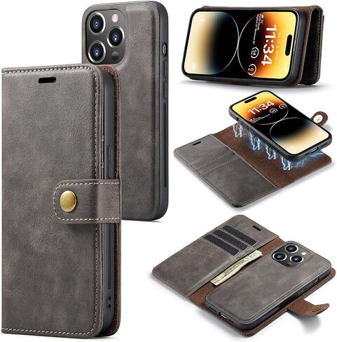 Asuwish Phone Case for iPhone 14 Pro Max 6.7 inch Wallet Magnetic Detachable Cell Cover with Tempered Glass Screen Protector Card Holder iPhone14promax 5G i Phone14Max Plus iPhone14 ProMax Girls Gray in Kuwait