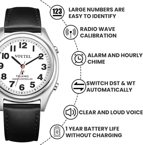 RUNCAR Elegant Mens Jumbo LCD American English Accent Atomic Talking Watch with Genuine Leather Strap,Speaks The Time, Date or Alarm time for Elderly, Impaired Sight or Blind in Kuwait