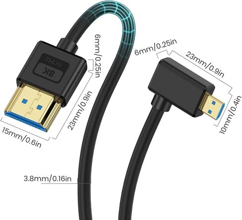 Poyiccot Micro HDMI to HDMI Cable 1ft, 48Gbps, 8K@60Hz, 4K@120Hz, Right Angle 90 Degree, Ultra Thin & Short & Flexible, Compatible with Camera, Camcorder, Tablet, Monitor, HDTV in Saudi Arabia
