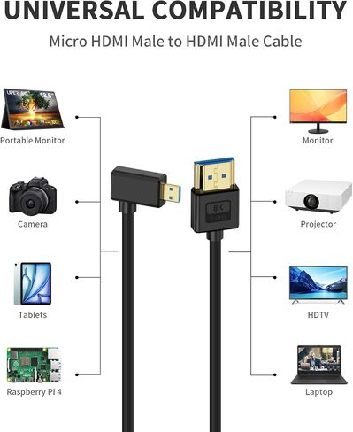 Poyiccot Micro HDMI to HDMI Cable 1ft, 48Gbps, 8K@60Hz, 4K@120Hz, Right Angle 90 Degree, Ultra Thin & Short & Flexible, Compatible with Camera, Camcorder, Tablet, Monitor, HDTV in Saudi Arabia