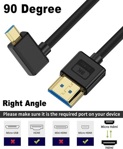 Poyiccot Micro HDMI to HDMI Cable 1ft, 48Gbps, 8K@60Hz, 4K@120Hz, Right Angle 90 Degree, Ultra Thin & Short & Flexible, Compatible with Camera, Camcorder, Tablet, Monitor, HDTV in Saudi Arabia