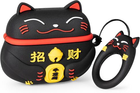 بالنسبة إلى AirPods 4 Case ، Cleat Black Lucky Cat Airpods Generation 4th Generation (2024) Case Funny 3D Cartoon Animal Protection Protging Comple PVC Cover with keychain for Kids Girls Women in Saudi Arabia