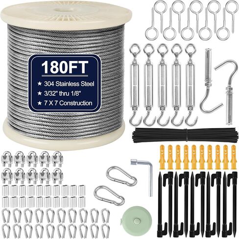 1/8" Wire Rope Kit 236FT Stainless Steel Aircraft Cable with M5 Turnbuckles, 7x7 Strand Core Vinyl Coated Guy Wire Tensioner Kit for Garden String Light, Pictuer, Clothes, Curtain Hanging in Kuwait