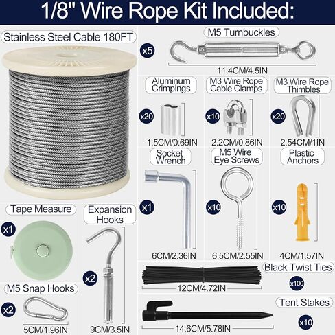1/8" Wire Rope Kit 236FT Stainless Steel Aircraft Cable with M5 Turnbuckles, 7x7 Strand Core Vinyl Coated Guy Wire Tensioner Kit for Garden String Light, Pictuer, Clothes, Curtain Hanging in Kuwait