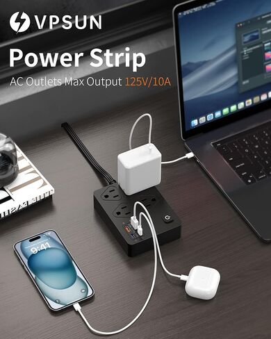 حامي ترجمة قطاع الطاقة مع منافذ 20W USB C ، 6 أقدام توصيل مسطح سلك الحائط التثبيت 4 المنافذ ، محطة شحن USB السريعة 1080J (أسود) in Kuwait