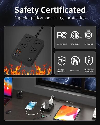 حامي ترجمة قطاع الطاقة مع منافذ 20W USB C ، 6 أقدام توصيل مسطح سلك الحائط التثبيت 4 المنافذ ، محطة شحن USB السريعة 1080J (أسود) in Kuwait