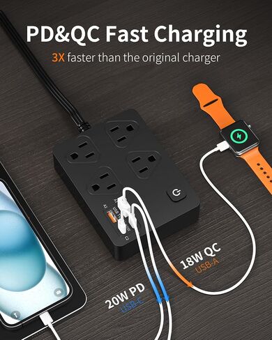 حامي ترجمة قطاع الطاقة مع منافذ 20W USB C ، 6 أقدام توصيل مسطح سلك الحائط التثبيت 4 المنافذ ، محطة شحن USB السريعة 1080J (أسود) in Kuwait