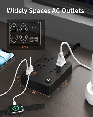 حامي ترجمة قطاع الطاقة مع منافذ 20W USB C ، 6 أقدام توصيل مسطح سلك الحائط التثبيت 4 المنافذ ، محطة شحن USB السريعة 1080J (أسود) in Kuwait