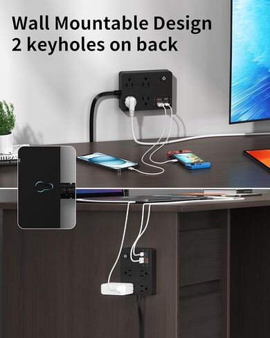 حامي ترجمة قطاع الطاقة مع منافذ 20W USB C ، 6 أقدام توصيل مسطح سلك الحائط التثبيت 4 المنافذ ، محطة شحن USB السريعة 1080J (أسود) in Kuwait