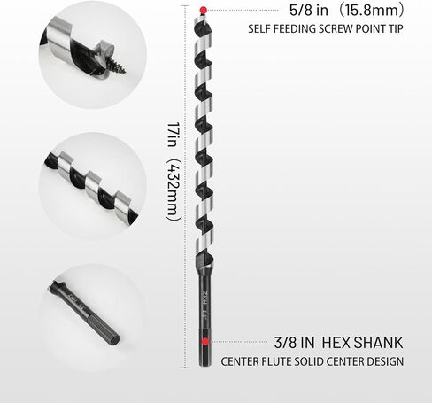 ZKH Auger Drill Bit for Wood, 3/8 x 12 Inch Long Drill Bit with 3/8" Hex Shank, High Carbon Steel Wood Drill Bit with Self-Positioning Tip, Smooth Drilling for Soft and Hardwood, Plastic, Drywall in Kuwait