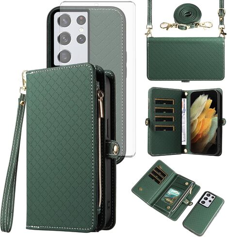 حالة هاتف ASUWISH لـ Samsung Galaxy S21 Ultra 5G SHIPPER WALLET COLLEALE DISACHIPE مع حامي شاشة زجاجية تقلبات Crossbody STRAP STRAP S21ULTRA 21S S 21 21ULTRA G5 GREEN in Kuwait