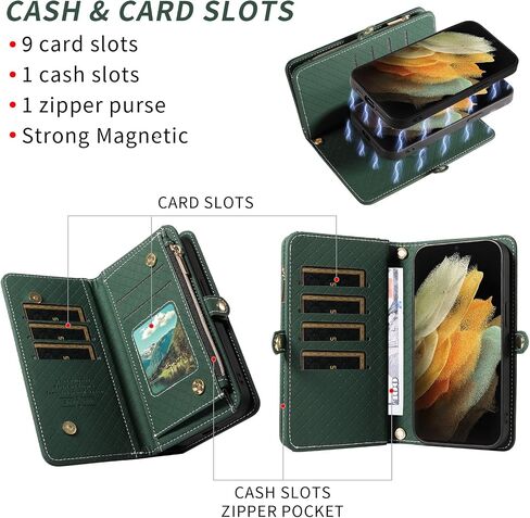 حالة هاتف ASUWISH لـ Samsung Galaxy S21 Ultra 5G SHIPPER WALLET COLLEALE DISACHIPE مع حامي شاشة زجاجية تقلبات Crossbody STRAP STRAP S21ULTRA 21S S 21 21ULTRA G5 GREEN in Kuwait