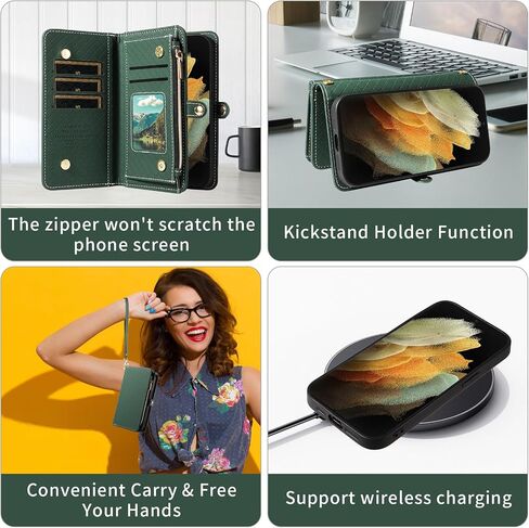 حالة هاتف ASUWISH لـ Samsung Galaxy S21 Ultra 5G SHIPPER WALLET COLLEALE DISACHIPE مع حامي شاشة زجاجية تقلبات Crossbody STRAP STRAP S21ULTRA 21S S 21 21ULTRA G5 GREEN in Kuwait