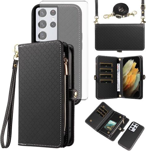 Asuwish Phone Case for Samsung Galaxy S21 Ultra 5G Zipper Wallet Detachable Cell Cover with Tempered Glass Screen Protector Crossbody Strap Flip Card Holder S21ultra 21S S 21 21ultra G5 Women Green in Kuwait