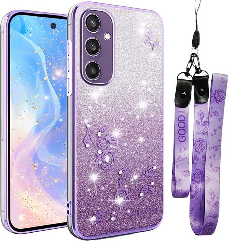 for Samsung Galaxy S25 Case Glitter with Crossbody Lanyard Strap for Women Girls, Sparkle Bling Shiny Girly Phone Cover Cute Flowers Floral Case for Galaxy S25 5G YSS Purple in Saudi Arabia