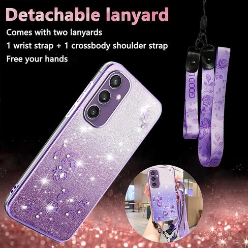 for Samsung Galaxy S25 Case Glitter with Crossbody Lanyard Strap for Women Girls, Sparkle Bling Shiny Girly Phone Cover Cute Flowers Floral Case for Galaxy S25 5G YSS Purple in Saudi Arabia