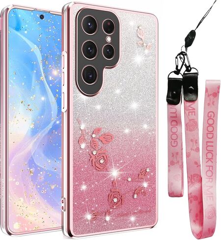 for Samsung Galaxy S25 Case Glitter with Crossbody Lanyard Strap for Women Girls, Sparkle Bling Shiny Girly Phone Cover Cute Flowers Floral Case for Galaxy S25 5G YSS Purple in Kuwait