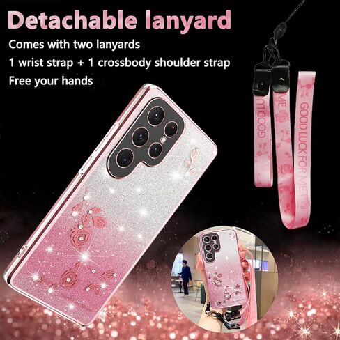 for Samsung Galaxy S25 Case Glitter with Crossbody Lanyard Strap for Women Girls, Sparkle Bling Shiny Girly Phone Cover Cute Flowers Floral Case for Galaxy S25 5G YSS Purple in Kuwait