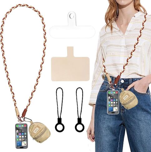 Phone Lanyard, Cellphone Neck Strap, 2× Tether Tab, 1× Zipper Pouch, Universal Lanyard for Women, Weave Clip and Go Phone Strap with Wallet for Smartphones, Black+Gray in Saudi Arabia