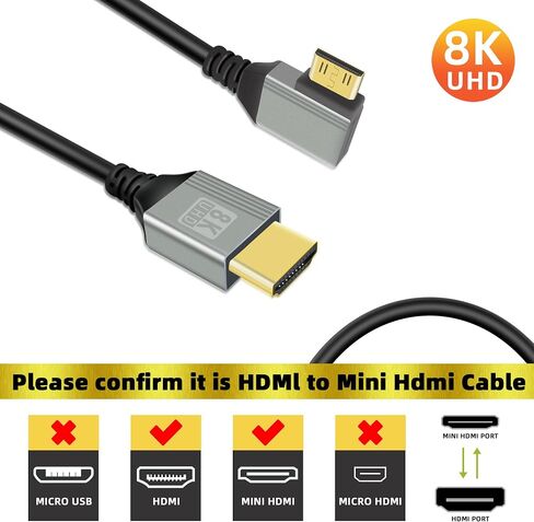 Gelrhonr 8k mini hdmi إلى كابل HDMI ، 90 درجة Mini HDMI ذكر إلى HDMI ذكر 48GBPS دعم السرعة عالية 8K@60Hz Video4K@144Hz للكاميرا ، كاميرا الفيديو HDTV المحمول (الزاوية اليمنى Mini HDMI 0.5m) in Kuwait