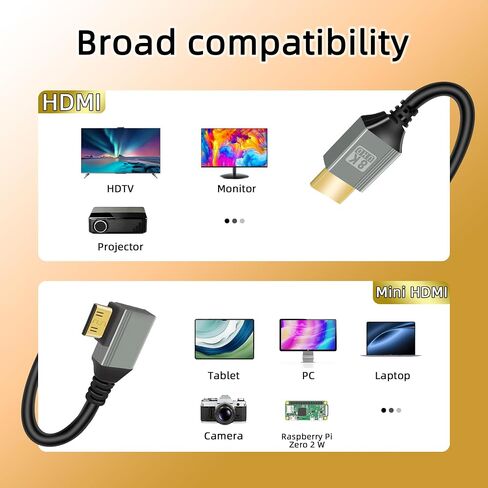 Gelrhonr 8k mini hdmi إلى كابل HDMI ، 90 درجة Mini HDMI ذكر إلى HDMI ذكر 48GBPS دعم السرعة عالية 8K@60Hz Video4K@144Hz للكاميرا ، كاميرا الفيديو HDTV المحمول (الزاوية اليمنى Mini HDMI 0.5m) in Kuwait