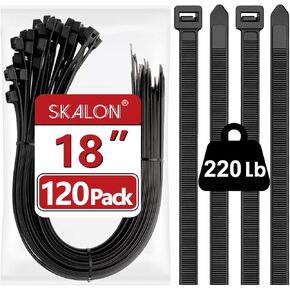 Large Zip Ties 18 Inch (120 Pack) - Heavy Duty, 220 lb Tensile Strength, Black Cable Ties, Extra Long Wire Ties, SKALON