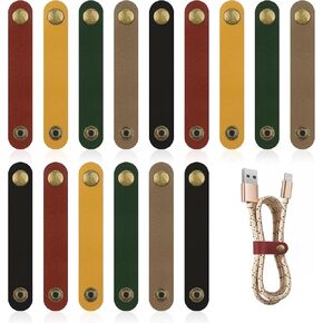 15PCS Leather Cord Organizer Snap, 3.54'' Cord-Organizer Leather Ties Straps & Leather-Cord-Organizers for Men Women | PU Cable Straps with Snaps (5 Color)