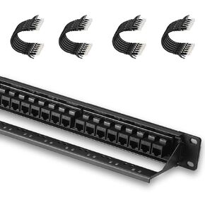 Rapink Patch Panel 24 Port Cat6 Bundle with Patch Cables Cat6 1ft 24 Pack Black