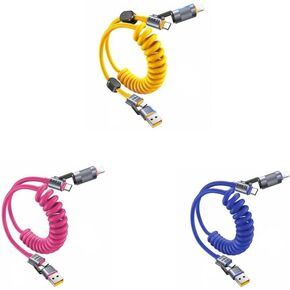 4-in-1 Coiled 5FT 240W USB C Cable (Blue & Pink) with Coiled 5FT 240W USB C Cable with Magnetic Organizer (Yellow) Bundle