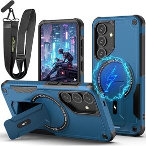 Armor Case for Samsung Galaxy S25 with Magnetic Kickstand, Compatible with MagSafe Heavy Duty Shockproof Crossbody Cover with Adjustable Shoulder Lanyard Strap for Samsung Galaxy S25 DJ-Green in Kuwait