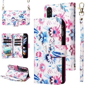 Wallet Case for Samsung Galaxy Z Fold 4 5G 2022 with Wrist Strap Crossbody Shoulder Strap Flower Leather Zipper Purse Card Holder Stand Phone Cover ZFold4 Z4 Fold4 4Z ZFold45G Girls Black