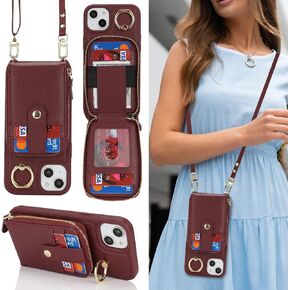 for iPhone 15 Plus Case with Card Holder for Women,for iPhone 14 Plus Crsosbody Case with Strap Lanyard,15 Plus Wallet Case,Zipper Stand Ring Phone Case with Coin Pocket-White