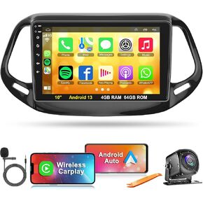 5G-WiFi (4G+64G) Android 13 Car Stereo Radio for Jeep Compass 2017-2020, 10 Inch IPS HD Touch Screen, Wireless CarPlay & Android Auto, GPS, Bluetooth 5.0, Backup Camera