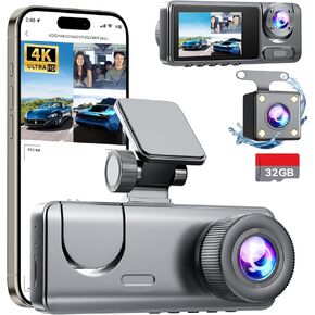 3 Channel Dash Cam Front and Rear Inside, Bulit a 32GB Card, Dash Camera for Cars,4K Full HD 2.0'' IPS Screen Dashcam with G-Sensor, IR Night Vision, WDR, Loop Recording, 24H Parking Mode