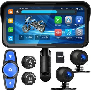 6.25" Portable Motorcycle Dash Cam with Dual 1080P HD Dash Cameras, Motorcycle TPMS, Wireless Apple CarPlay & Android Auto, Remote Control, IP67 Waterproof, Support Siri, Free 128G SD Card