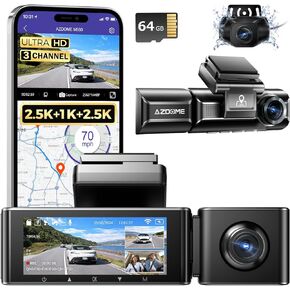 AZDOME M550 3 Channel Dash Cam, 4K+2.5K Front and Rear, 2.5K+1080P+2.5K Front Rear Inside Triple Car Camera Built-in WiFi GPS, 64GB Card Included, 3.19" Screen, WDR IR Night Vision, 24H Parking Mode