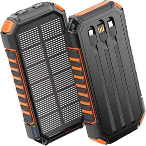 Hiluckey Solar Power Bank Portable Charger 27000mAh Built-in 3 Cables Solar Phone Charger - 15W PD QC 3.0 Fast Charging Outdoor Battery Pack for iPhone Android, Dual Flashlight (Orange)
