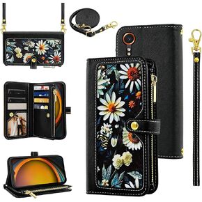 Floral Wallet Case for Samsung Galaxy Xcover 7 with Wrist Strap Shoulder Strap Flip Zipper Purse, Luxury PU Leather Credit Card Holder Stand Accessories Cell Phone Cover for Xcover7 Women Blue