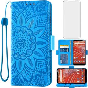 Asuwish Phone Case for Nokia 3.1 Plus International Version with Tempered Glass Screen Protector and Flower Leather Wallet Flip Cover Card Holder Cell Nokia3.1 + 3.1plus 3.1+ TA-1104 Women Men Blue