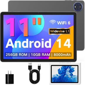 JUNYANG Android 14 Tablet 11 Inch, 256GB ROM+10GB RAM, Octa-Core, WiFi 6, 8000mAh Battery, HD IPS Touchscreen, USB OTG, Dual Camera, Widevine L1, Lightweight Tablet for Entertainment and Work