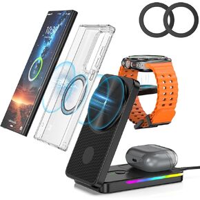 Wireless Charger for Samsung, Magnetic Wireless Charging Station for Samsung Galaxy S25 Ultra/S24/S22/Buds, 3 in 1 Foldable MagSafe Charger for Galaxy Watch Ultra/7/6, for Travel [Mag Ring Included]