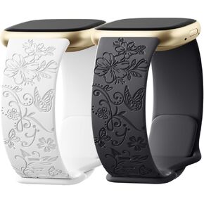 Getino Engraved Band Compatible with Fitbit Versa 4 Bands for Woman/Versa 3 Bands & Fitbit Sense 2 Bands/Sense Bands Women, Soft Floral Pattern Sport Accessories for Sense/Sense 2/Versa 4/3 Sm