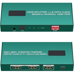 HDMI Splitter 1 in 2 Out 4K 120hz hue sync Box hdmi 8k Splitter 1 in 2 Out ps5 hdmi 2.1 Splitter 4k 120hz 1 in 2 Out ps5 Audio Spdif+3.5 Out Downscaler EDID Mode. (HD-FPQ-0024)